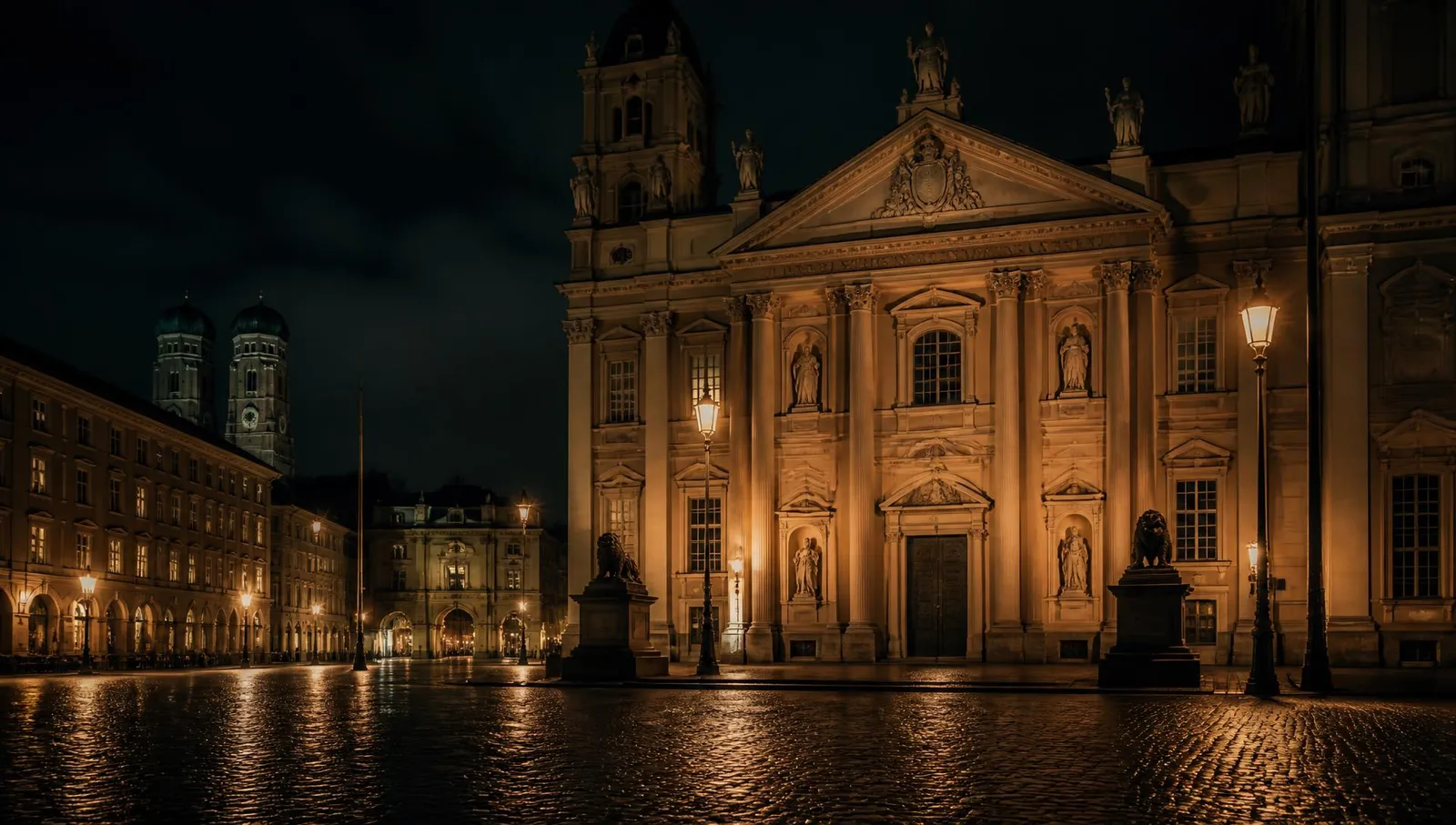 Beleuchtete historische Fassade an einem Münchner Platz bei Nacht, warmes Laternenlicht auf nassem Kopfsteinpflaster
