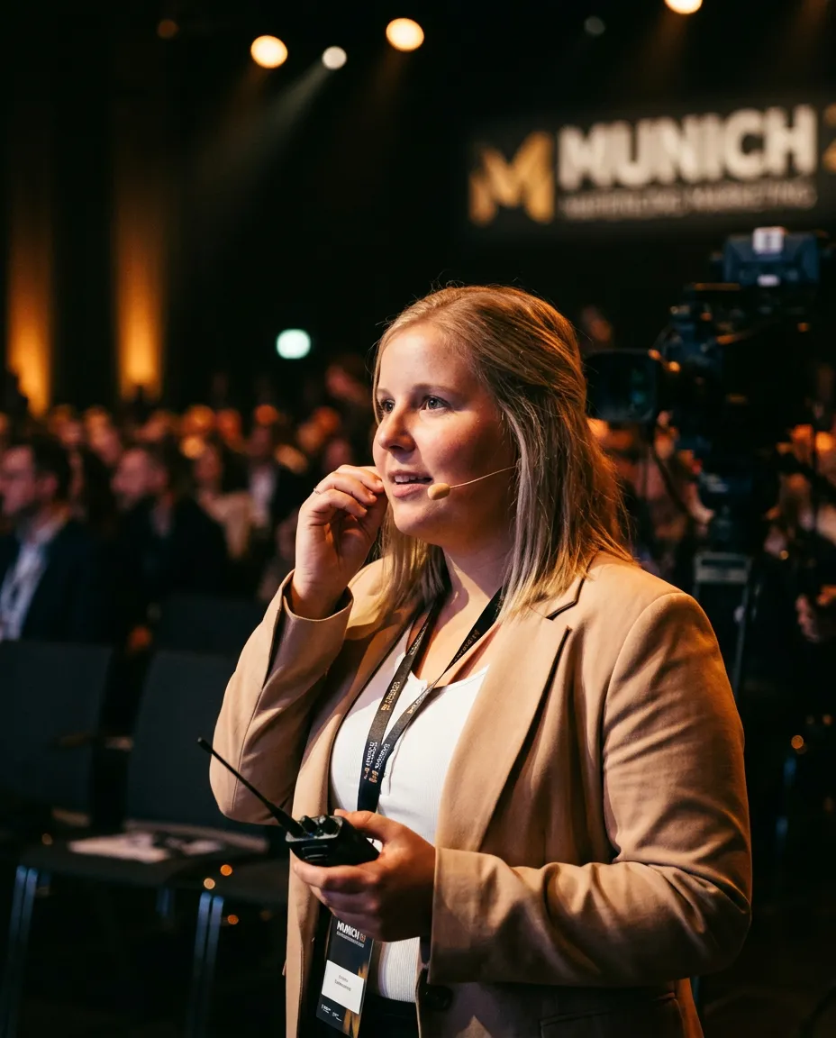 Johanna Straube mit Headset und Funkgerät bei der Regie einer Münchner Veranstaltung
