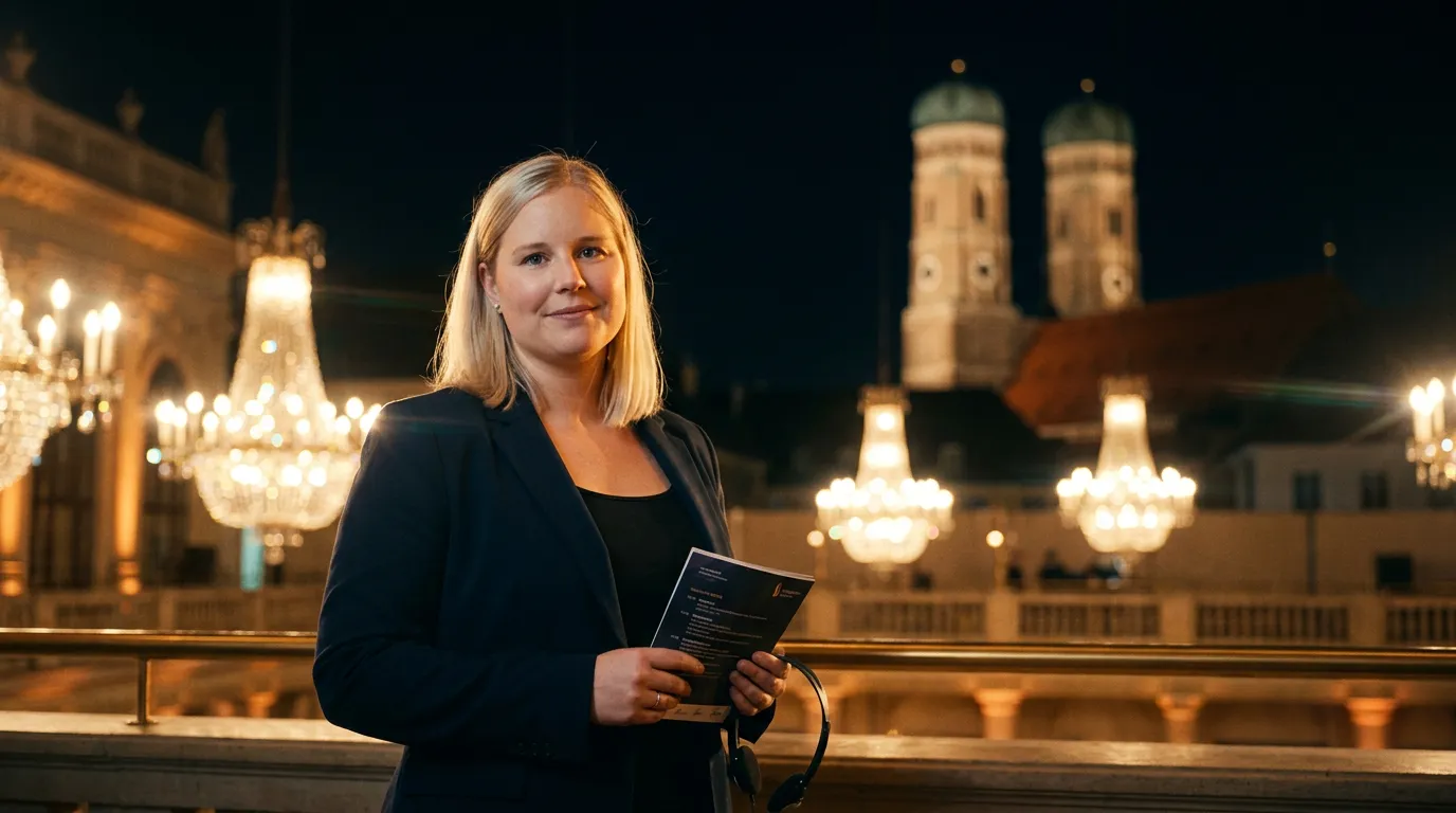 Johanna Straube am Abend über München, Türme der Frauenkirche im Hintergrund, kurz vor dem Einlass der Gäste